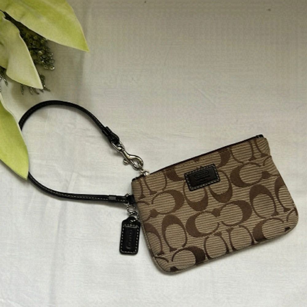 Coach Mini Clutch Wristlet Pouch Brown Monogram Leather Fabric Small